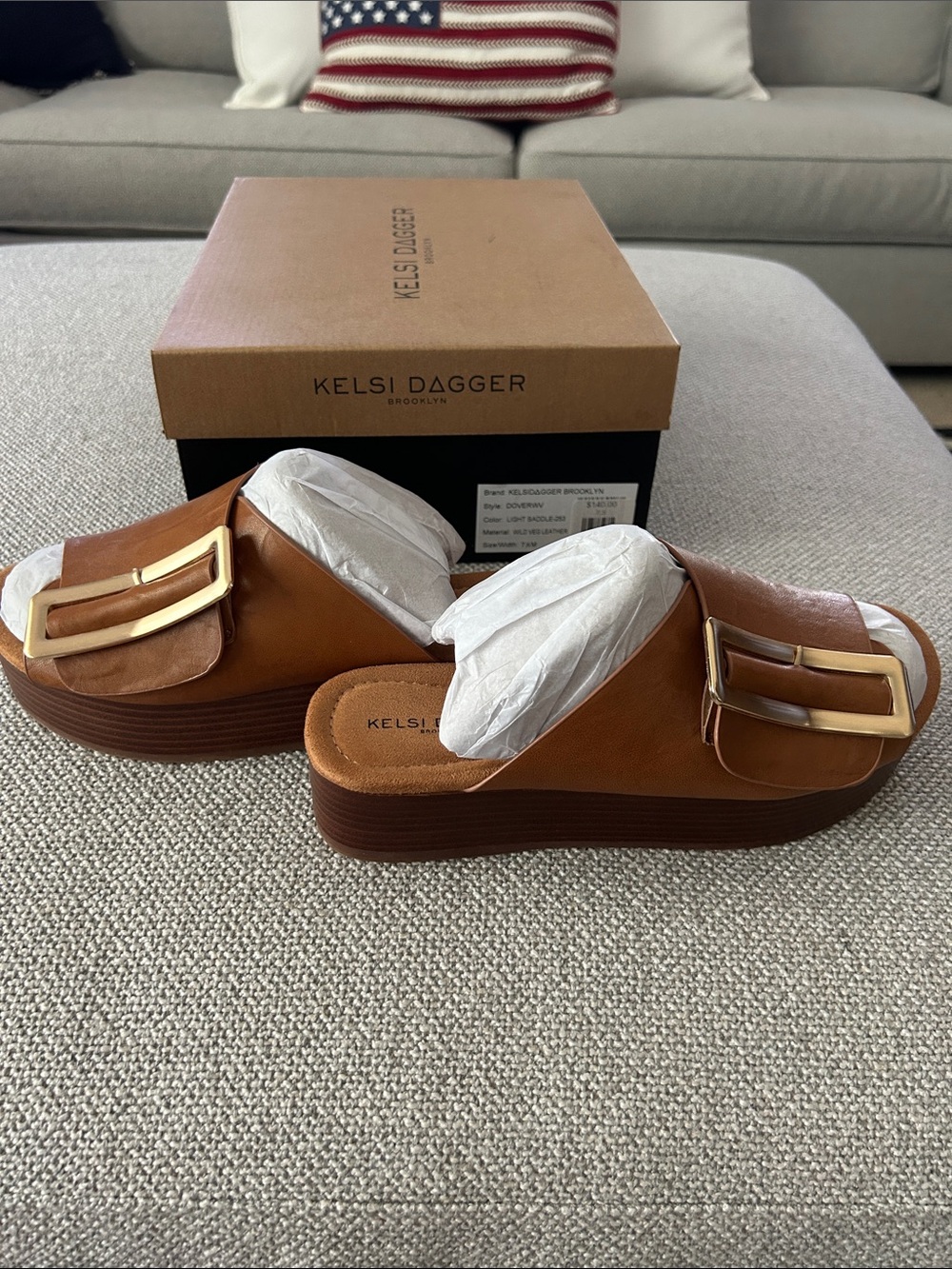 Kelsi Dagger Cognac Leather Platform Slide Mules with Gold Buckle - Picture 3 of 4